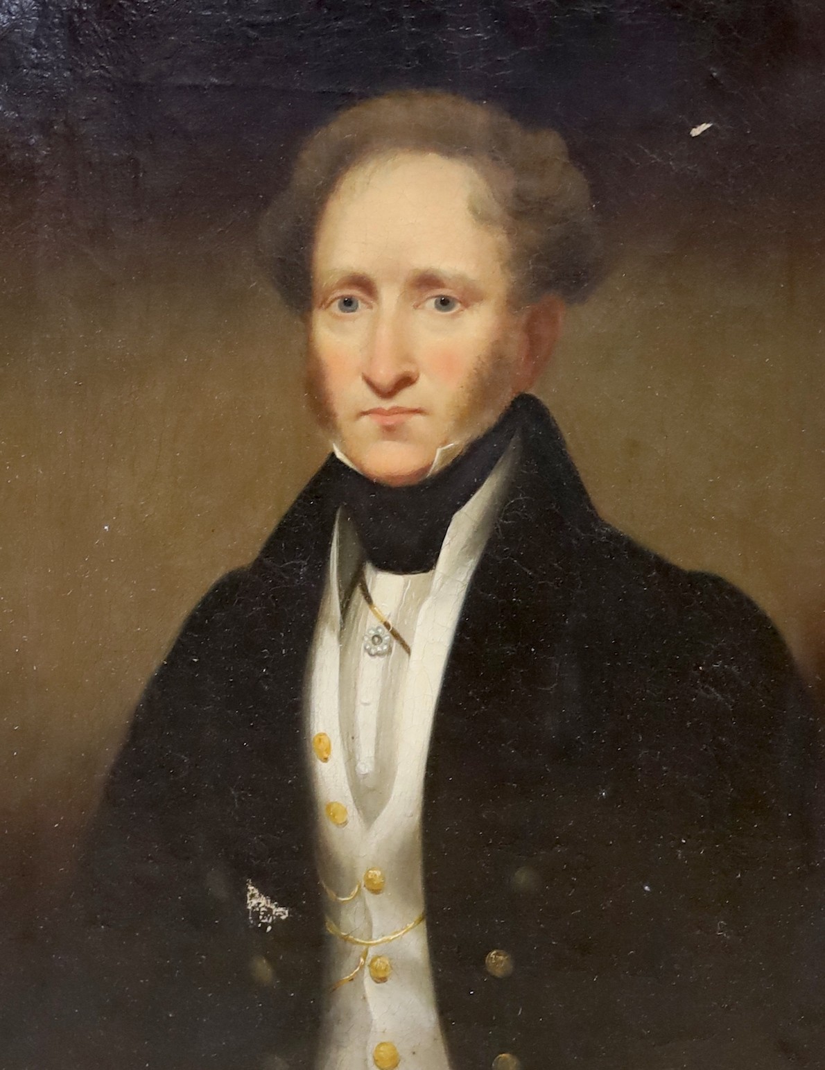 19th century English School, oil on canvas, Portrait of William Shere, Colonel East India Company, died 1850, 36 x 31cm